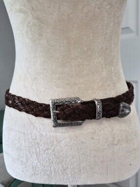 Boho Western Braided Leather Belt Silver Engraved Buckle Festival Bohemian